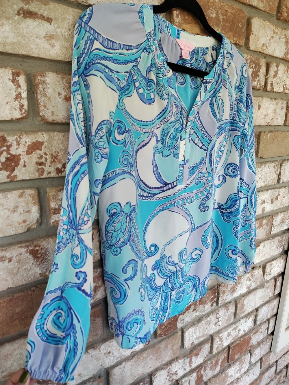 Lilly Pulitzer Elsie Silk Top Searulean Blue Test The Water Print XS Resort Wear